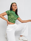 Marble Print Frill Trim Mesh Crop Top
