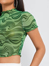 Marble Print Frill Trim Mesh Crop Top