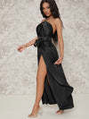 BAE Self Belted High Split Satin Cami Dress