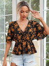 Allover Floral Print Surplice Front Peplum Blouse