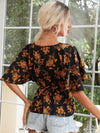 Allover Floral Print Surplice Front Peplum Blouse