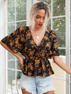 Allover Floral Print Surplice Front Peplum Blouse