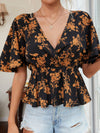 Allover Floral Print Surplice Front Peplum Blouse