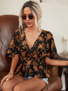 Allover Floral Print Surplice Front Peplum Blouse