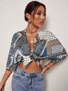 Scarf Print Tie Front Crop Top