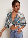 Scarf Print Tie Front Crop Top