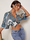 Scarf Print Tie Front Crop Top