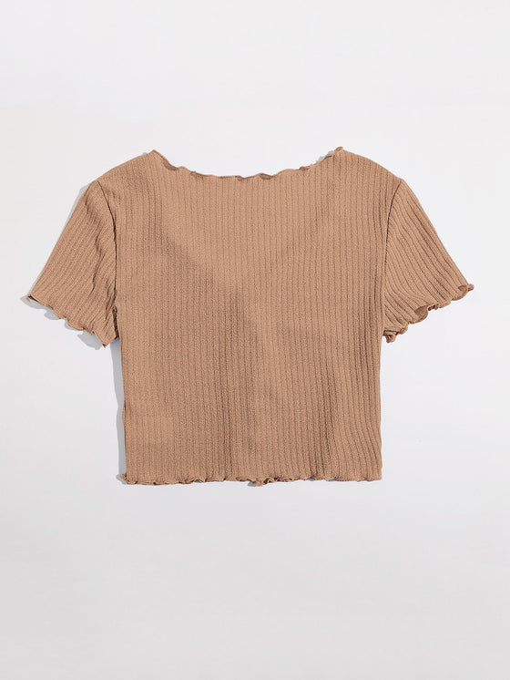 Buttoned Front Lettuce Trim Rib knit Tee