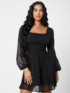 Ruched Bust Lantern Sleeve Swiss Dot Dress