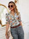 Allover Floral Print Frill Trim Blouse