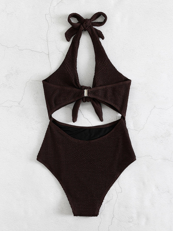 Textured Knot Front One Piece Swimsuit