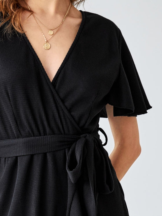 Floral Flutter Sleeve Belted Wrap Dress