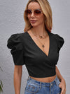 Puff Sleeve Surplice Wrap Tie Back Blouse