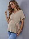 Maternity Solid Roll Up Sleeve Belted Blouse