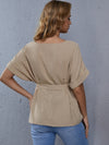 Maternity Solid Roll Up Sleeve Belted Blouse