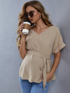 Maternity Solid Roll Up Sleeve Belted Blouse