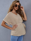 Maternity Solid Roll Up Sleeve Belted Blouse