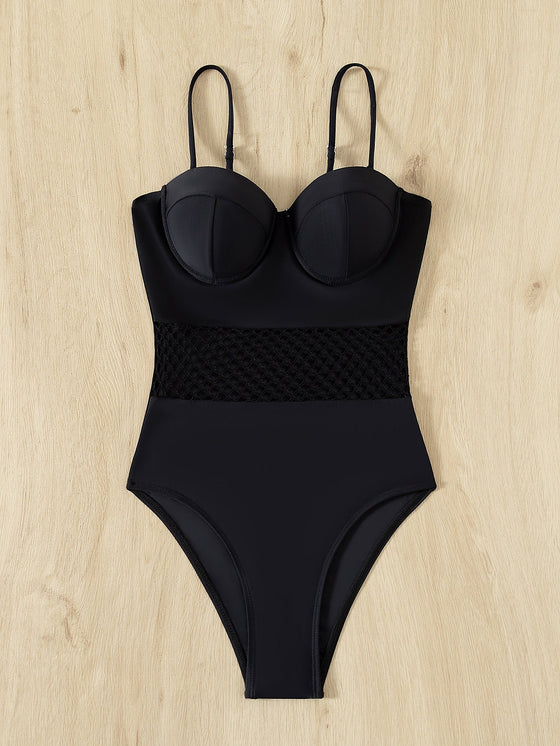 Contrast Fishnet Push Up One Piece Swimsuit