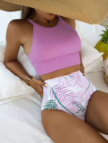  Leaf Pattern High Waisted Bikini Swimsuit