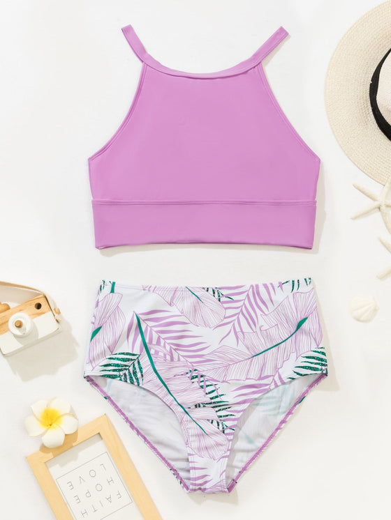 Leaf Pattern High Waisted Bikini Swimsuit