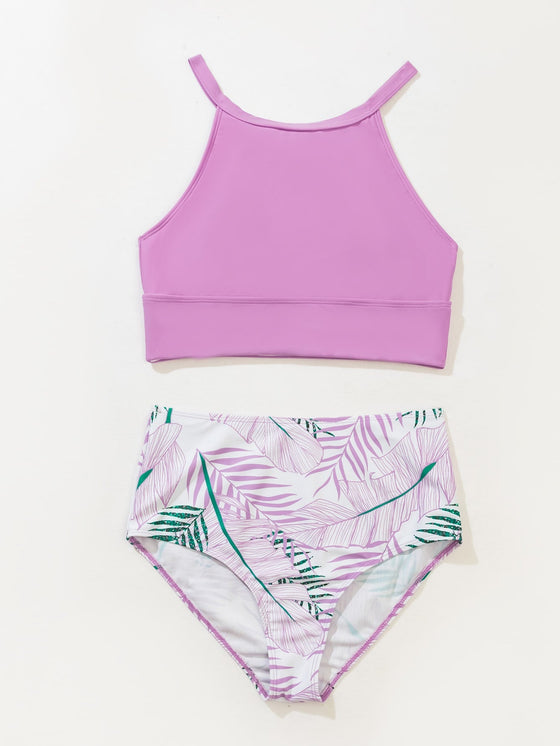 Leaf Pattern High Waisted Bikini Swimsuit