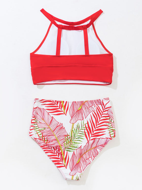 Leaf Pattern High Waisted Bikini Swimsuit