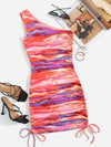 Tie Dye One Shoulder Drawstring Hem Bodycon Dress