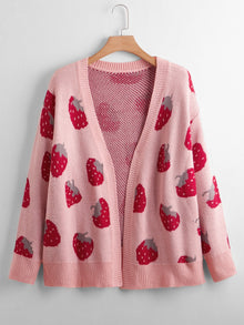  Plus Strawberry Pattern Drop Shoulder Cardigan