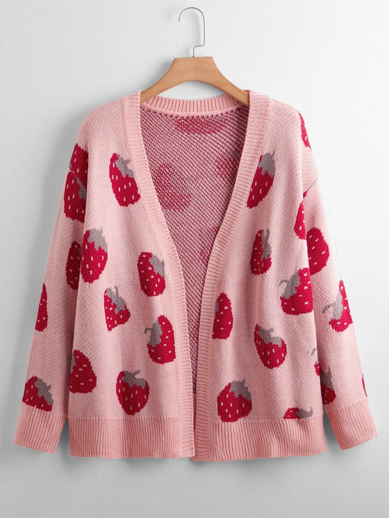 Plus Strawberry Pattern Drop Shoulder Cardigan