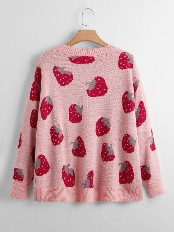 Plus Strawberry Pattern Drop Shoulder Cardigan