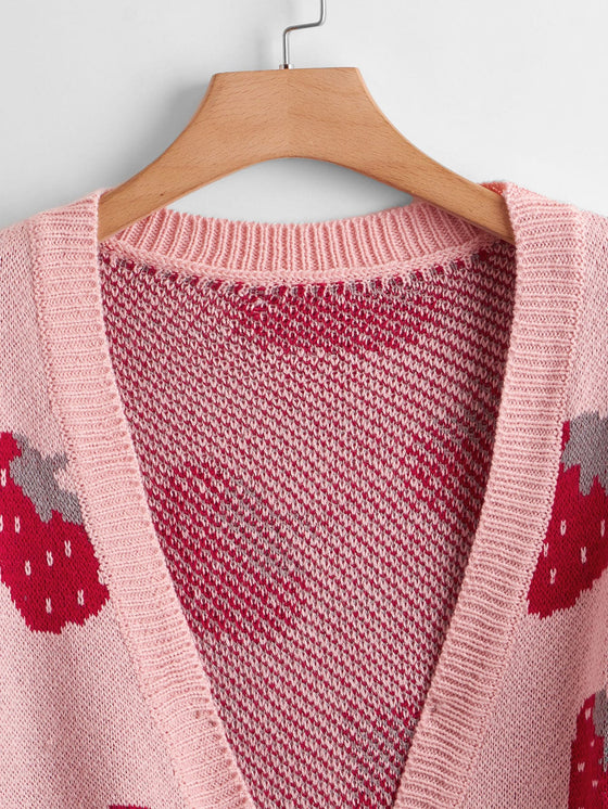Plus Strawberry Pattern Drop Shoulder Cardigan