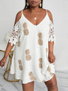 Plus Pineapple Print Contrast Guipure Lace Cold Shoulder Dress