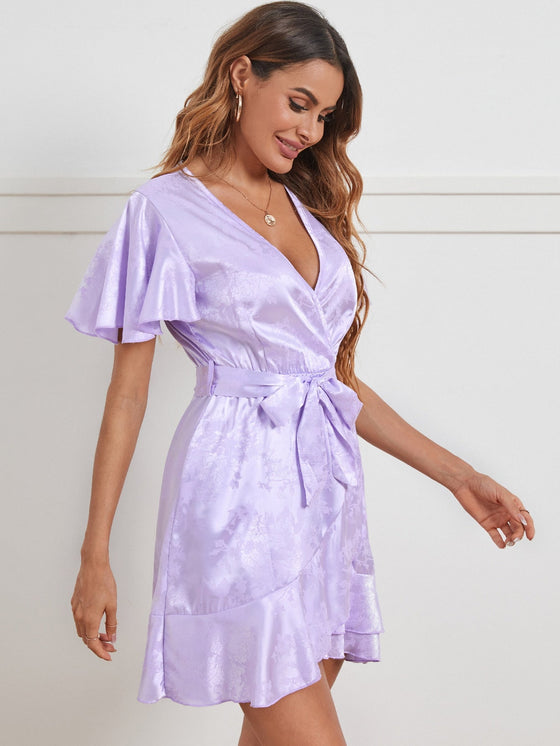 Floral Flutter Sleeve Belted Wrap Dress