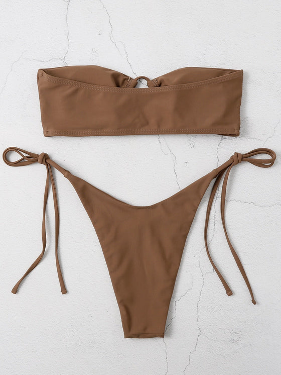 Self Tie Bandeau High Cut Bikini Swimsuit