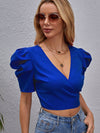 Puff Sleeve Surplice Wrap Tie Back Blouse