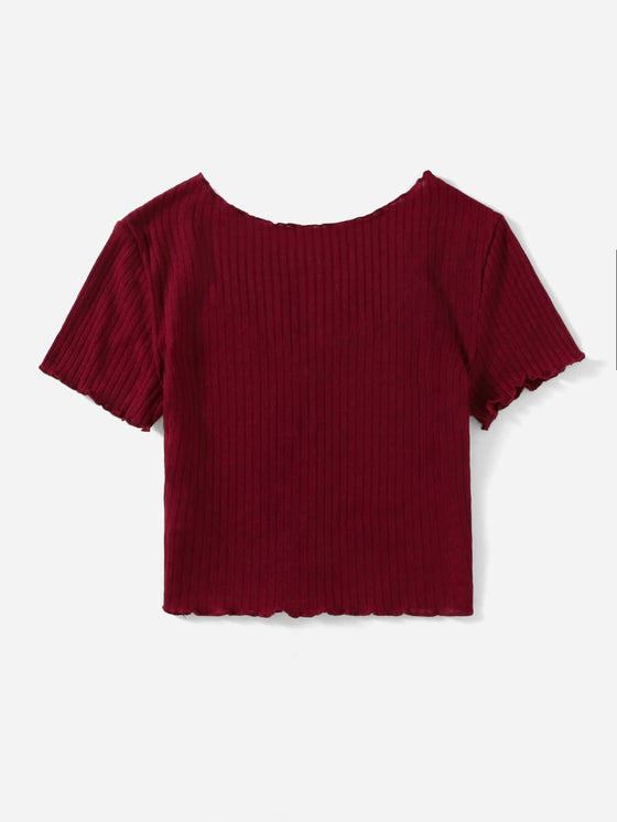 Buttoned Front Lettuce Trim Rib knit Tee