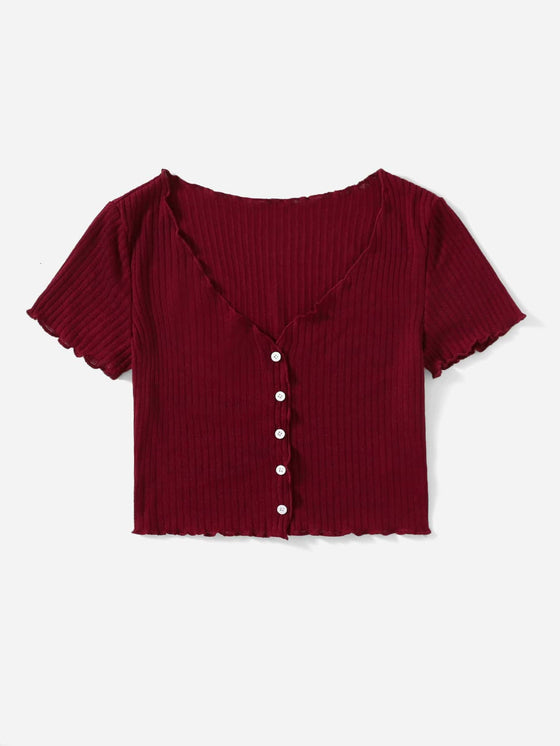 Buttoned Front Lettuce Trim Rib knit Tee