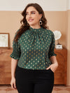 Plus Golden Four pointed Star Print Shirred Cuff Blouse
