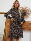 Floral Print Ruffle Neck Flounce Sleeve Shirred A line Dress