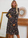 Floral Print Ruffle Neck Flounce Sleeve Shirred A line Dress