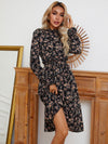 Floral Print Ruffle Neck Flounce Sleeve Shirred A line Dress