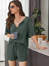 Notch Neck Waffle Knit Top Track Shorts Set