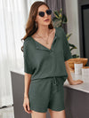 Notch Neck Waffle Knit Top Track Shorts Set