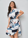 Plus Geo Print Colorblock Notched Belted Dress