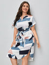 Plus Geo Print Colorblock Notched Belted Dress
