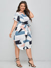 Plus Geo Print Colorblock Notched Belted Dress