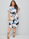 Plus Geo Print Colorblock Notched Belted Dress