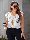 Plus Cactus Print Ruffle Trim Blouse