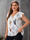 Plus Cactus Print Ruffle Trim Blouse