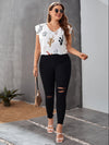 Plus Cactus Print Ruffle Trim Blouse